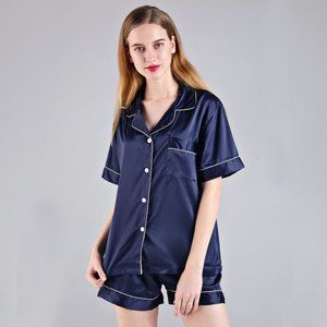 Silk Satin Pajamas Women, Short Sleeve Silk Pjs for Women Set, Two-piece Button